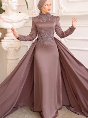 Pudra Vizyon Sual Taş İşleme Saten Abiye Elbise