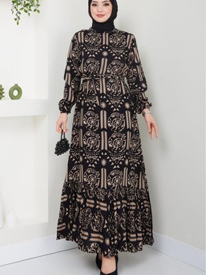 Eteği Volanlı Siyah Viskon Elbise