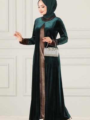 Zümrüt Pul Detaylı Kadife Elbise