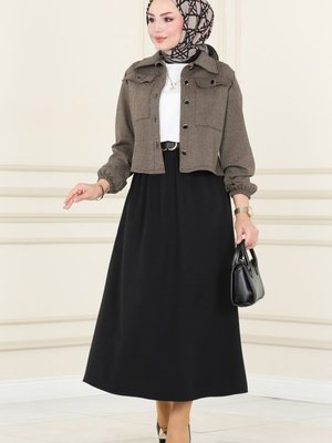 Koyu Vizyon & Siyah Cep Detaylı Etekli Takım Koyu Vizyon & Siyah Cep Detaylı Etekli Takım