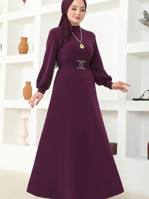Koyu Mürdüm Kemerli Sandy Elbise Koyu Mürdüm Kemerli Sandy Elbise