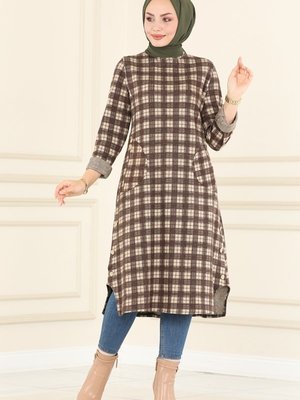 Kahve Düğme Detaylı Ekose Tunik Kahve Düğme Detaylı Ekose Tunik