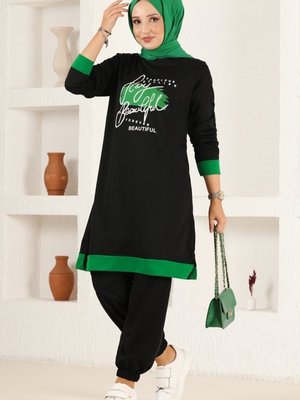 Siyah & Benetton Yeşili Baskılı Spor İkili Takım Siyah & Benetton Yeşili Baskılı Spor İkili Takım