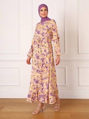 Mor Doğal Kumaşlı Çiçek Desenli Elbise