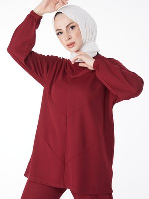 Düz Bisiklet Yaka Bordo Tunik Pantolon