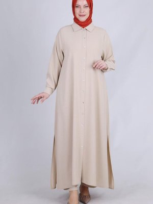 Bej Büyük Beden Düğmeli Pantolonlu Uzun Takım Bej Büyük Beden Düğmeli Pantolonlu Uzun Takım