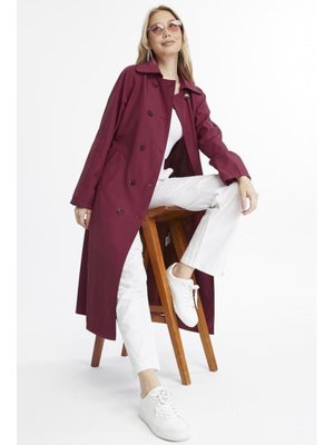Bordo Uzun Boy Kemerli Astarlı Trençkot Bordo Uzun Boy Kemerli Astarlı Trençkot