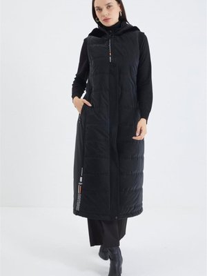 Kapüşonlu Uzun Siyah Şişme Yelek