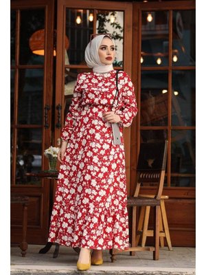 Kırmızı Papatya Desen Dokuma Elbise Kırmızı Papatya Desen Dokuma Elbise