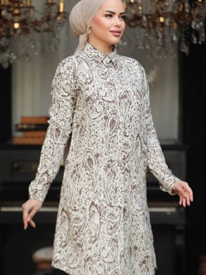 Desenli Kahverengi Viskon Tunik