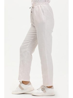 Krem Beli Lastikli Cepli Keten Pantolon