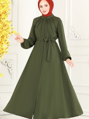 Haki Fırfır Detaylı Medine İpeği Ferace