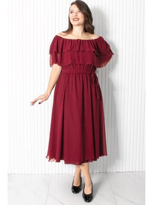 Mürdüm Karmen Yaka Şifon Abiye Elbise