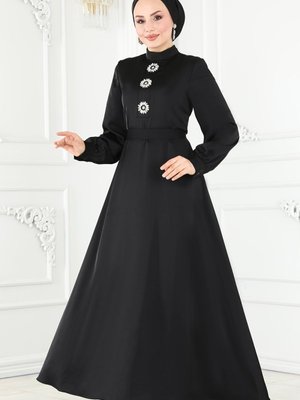 Siyah Taş İşlemeli Saten Abiye Elbise Siyah Taş İşlemeli Saten Abiye Elbise