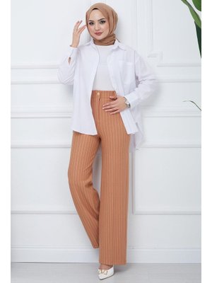 Camel Çizgili Bol Paça Krep Pantolon