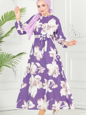 Lila Çiçek Desenli Keten Elbise