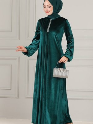 Zümrüt A Pileli Kadife Elbise