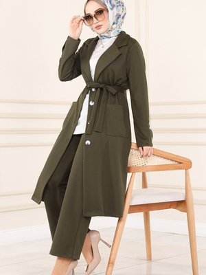 Haki Manşeti Düğmeli İkili Takım