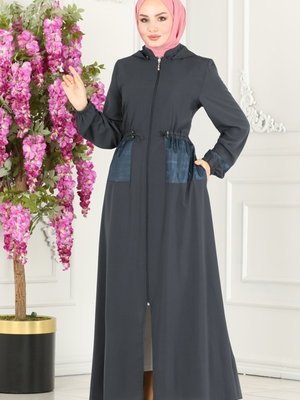 Antrasit Cep Detaylı Medine İpeği Ferace Antrasit Cep Detaylı Medine İpeği Ferace