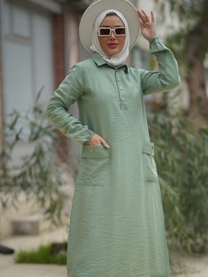 Göğüs Düğmeli Cepli Çan Uzun Tunik Cağla