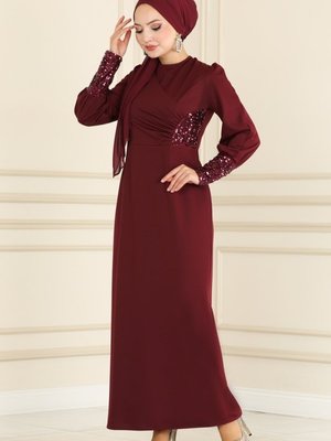 Bordo Pul Detaylı Elbise Bordo Pul Detaylı Elbise