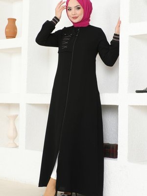 Siyah Nakış Detaylı Petek Ferace