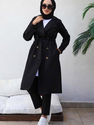 Kadın Siyah Kruvaze Yaka Kuşaklı Trençkot T Kadın Siyah Kruvaze Yaka Kuşaklı Trençkot T