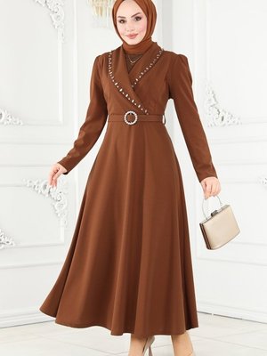 Kahve Kruvaze Yaka Elbise