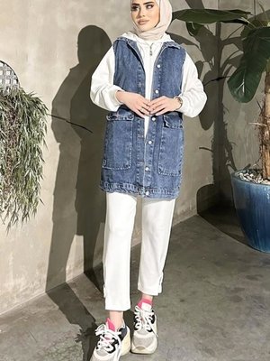 Koyu Mavi Kar Yıkama Geniş Cep Kot Yelek Oversize