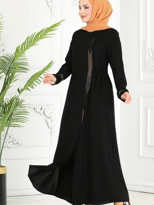 Siyah Gizli Fermarlı Kuşaklı Ferace