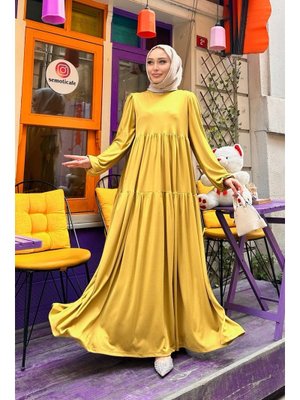 Yağ Yeşili Düz Kat Kat Elbise