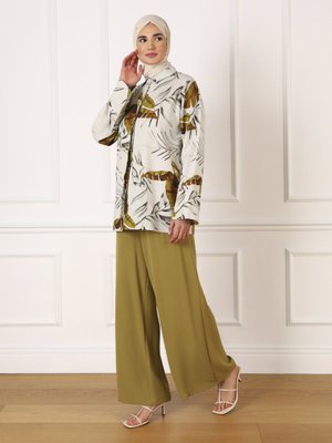 Yağ Yeşili Tropik Desenli Keten Tunik