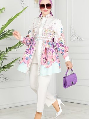 Ekru Sual Çiçek Desenli Atlas Tunik Ekru Sual Çiçek Desenli Atlas Tunik