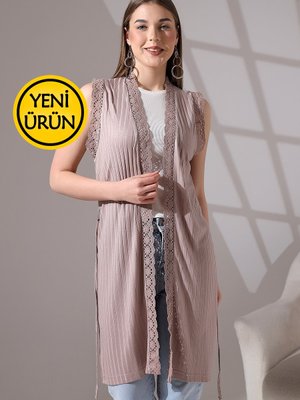 Yumuşak Dokulu Penye Dantel Detaylı Kuşaklı Uzun Yelek Büyük Beden & Hırka Yumuşak Dokulu Penye Dantel Detaylı Kuşaklı Uzun Yelek Büyük Beden & Hırka