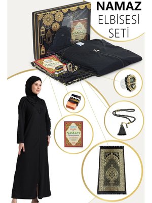 Siyah Pratik Başörtülü Fermuarlı Tek Parça Namaz Elbisesi Seccade Seti