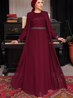 Bordo Pelerin Detaylı Şifon Abiye Elbise Bordo Pelerin Detaylı Şifon Abiye Elbise