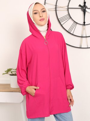 Fuşya Kanguru Cepli Kapşonlu Hırka Fuşya Kanguru Cepli Kapşonlu Hırka