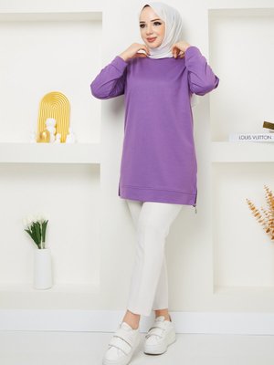 Mor Fermuar Detaylı Sweatshirt