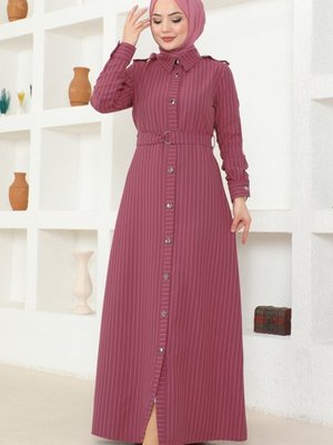Gül Kurusu Kemer Detaylı Çizgili Elbise Gül Kurusu Kemer Detaylı Çizgili Elbise