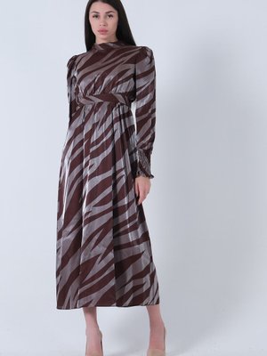 Kahve Desenli Kuşak Bağlamalı Elbise Kahve Desenli Kuşak Bağlamalı Elbise
