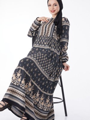 Düz Hakim Yaka Siyah Desenli Düğmeli Elbise Düz Hakim Yaka Siyah Desenli Düğmeli Elbise