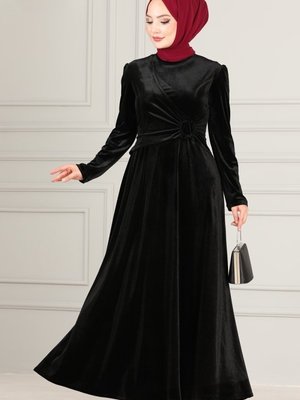 Siyah Önü Detaylı Kadife Elbise