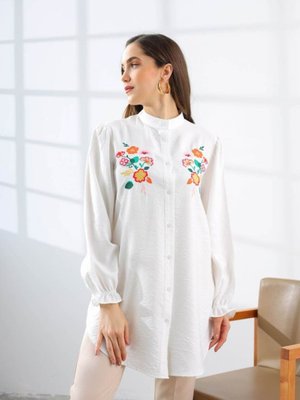 Keten Ayrobin Nakışlı Beyaz Gömlek Keten Ayrobin Nakışlı Beyaz Gömlek