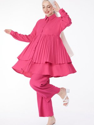 Düz Gömlek Yaka Fuşya Piliseli İkili Takım