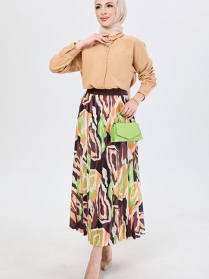 Kahve Ebruli Desenli Piliseli Etek