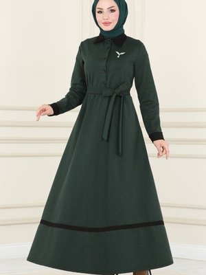 Zümrüt Biye Detaylı Kışlık Elbise