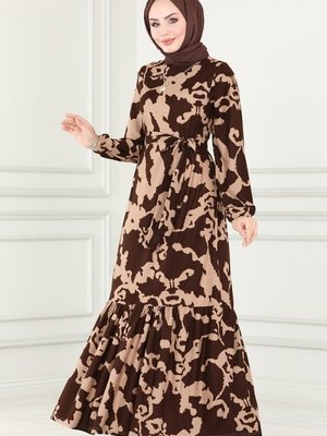 Desen 2 Kahve & Vizyon Eteği Fırfırlı Desenli Elbise