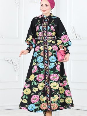 Siyah Renkli Çiçekli Atlas Elbise