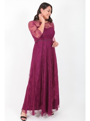 Büyük Beden Mürdüm Uzun Abiye Elbise