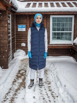 Lacivert Kürk Kapüşonlu Şişme Yelek